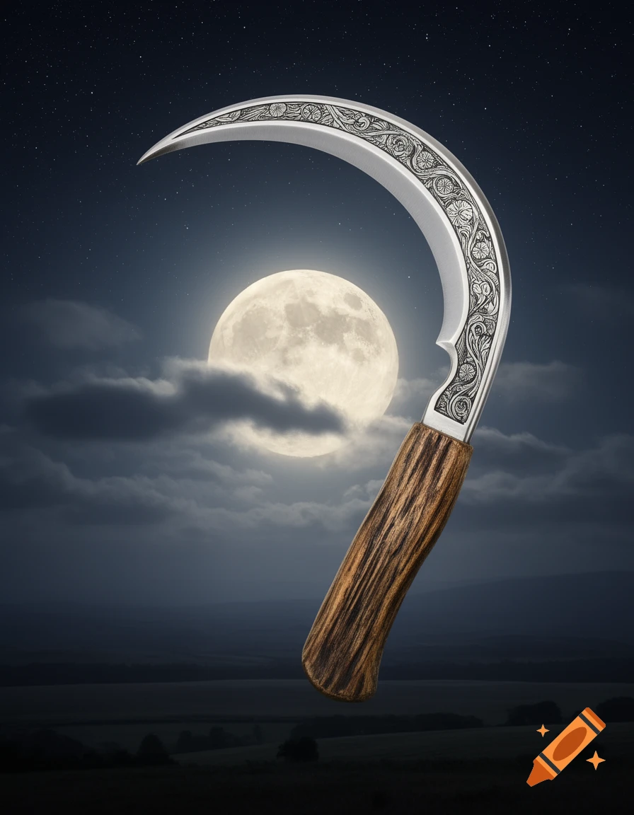 A decorative crescent-shaped sickle with an ornate metal blade and wooden handle, set against a full moon in a starry night sky.
