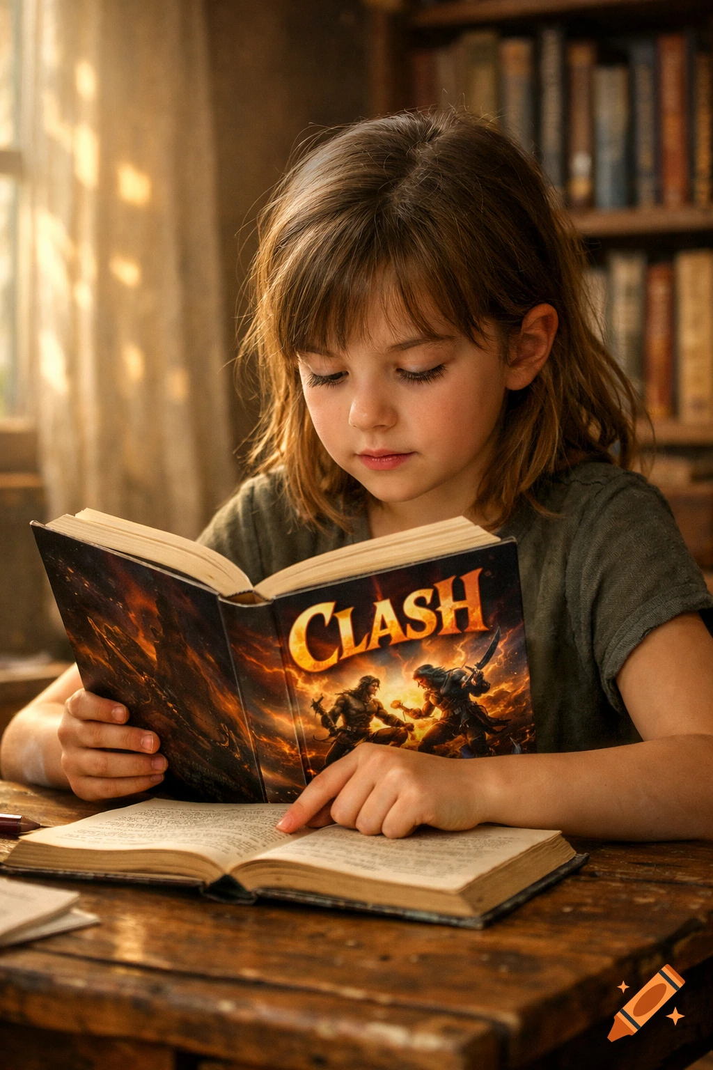 A young girl with bangs intently reads a book titled 'CLASH' at a wooden table, bathed in warm light.
