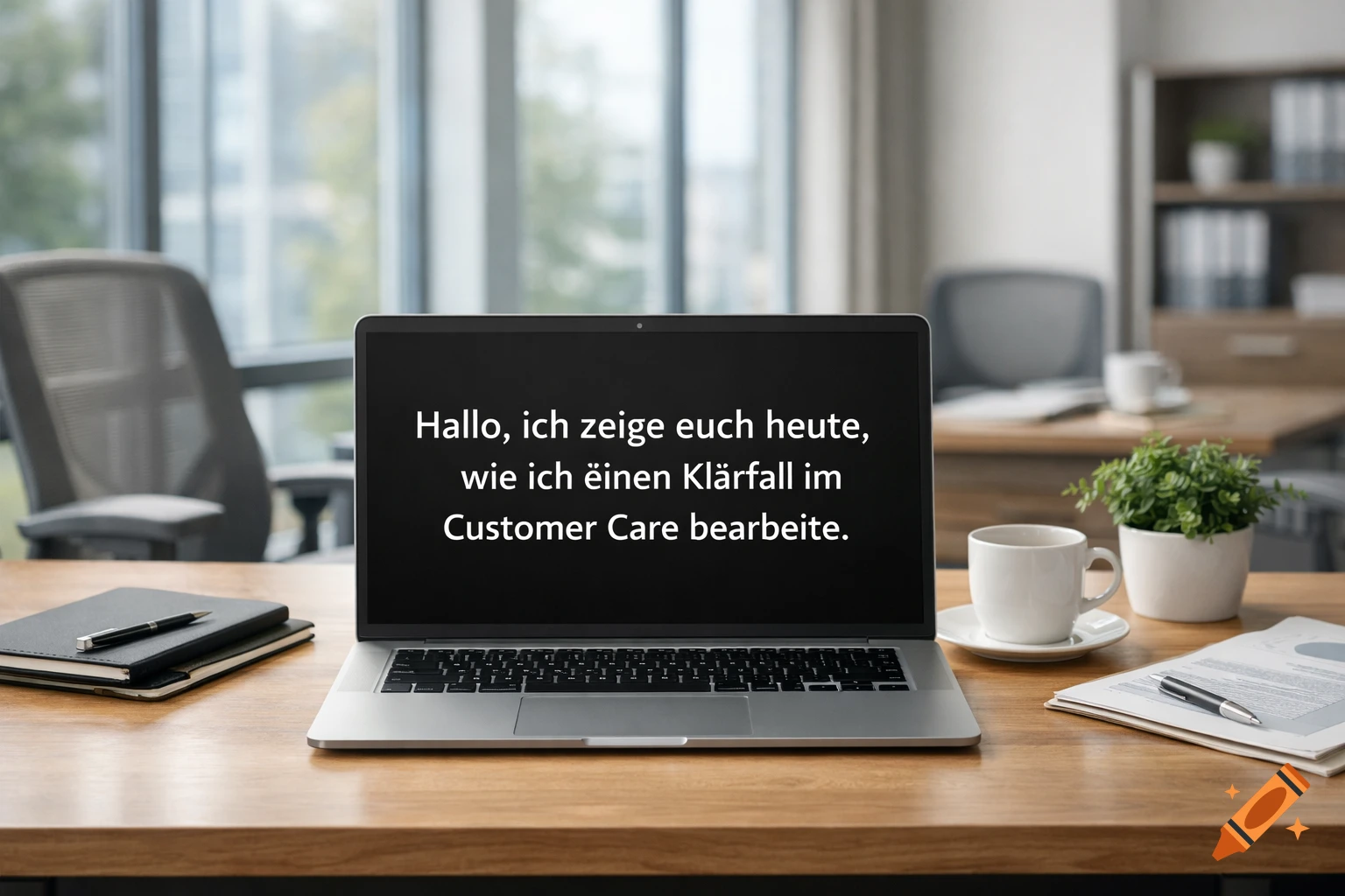 A laptop displaying German text on a wooden desk in a modern office, with a notebook, pen, coffee cup, and plant nearby.