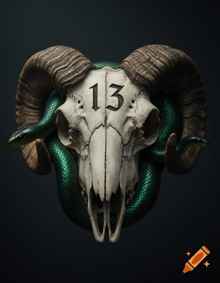 A ram's skull with large curved horns, a green snake wrapped around it, and the number 13 carved into its forehead, on a dark background.
