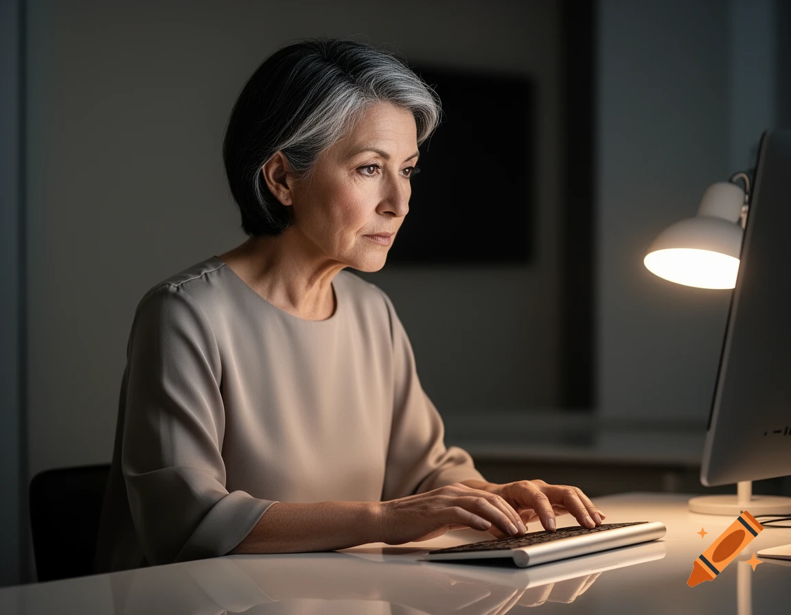 A senior woman with short gray hair types on a computer at a desk in a dimly lit room, lit by a desk lamp.