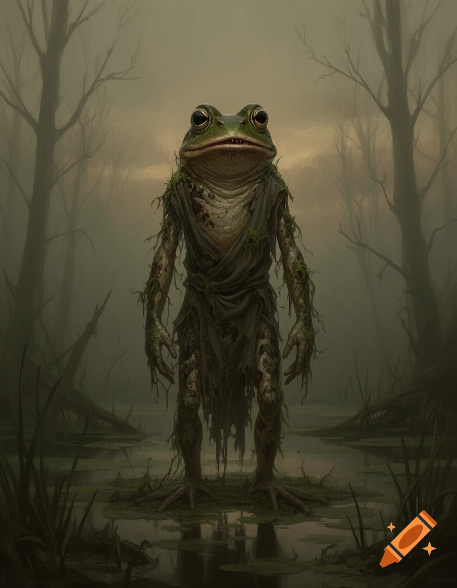 A photorealistic humanoid frog creature wearing tattered robes stands in a foggy, dark swamp with bare trees.