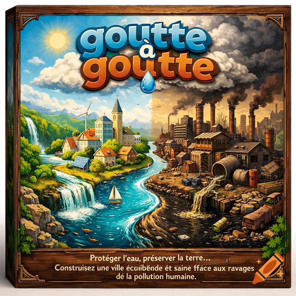 A board game cover titled 'goutte à goutte' showing a river splitting a clean, green town from a polluted, industrial city.
