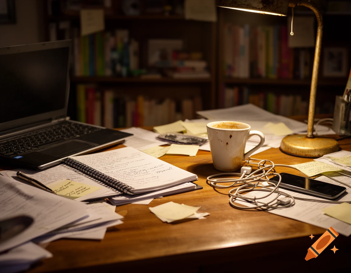 A cluttered wooden desk with a laptop, open notebook, scattered papers, a dirty coffee mug, smartphone, and a lit brass lamp.