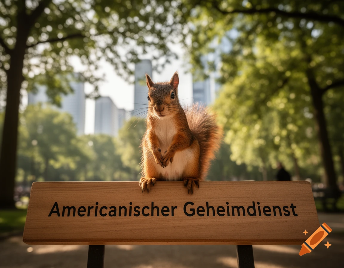 A photorealistic squirrel sits on a sign reading "Americanischer Geheimdienst" in a sunny park with city buildings.