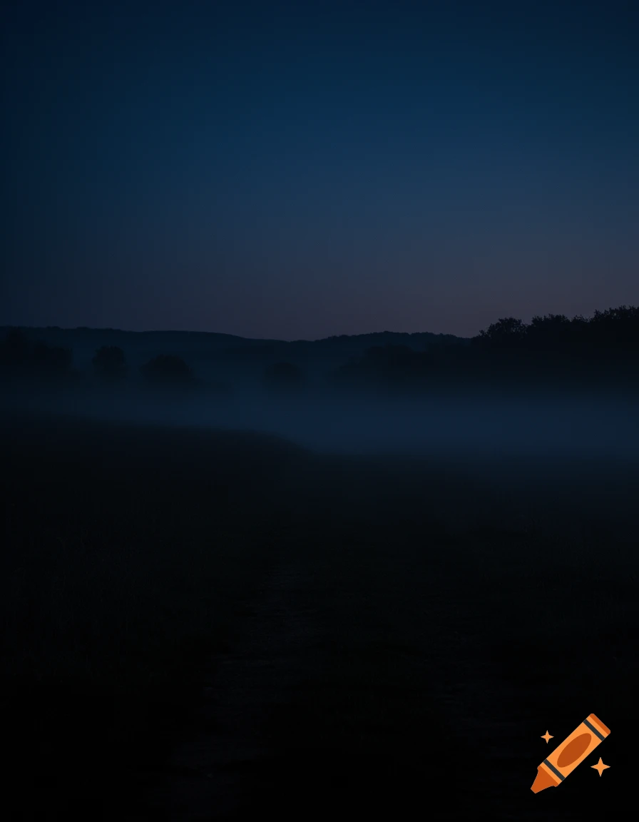 Dark, foggy landscape at twilight, with silhouetted hills and trees against a deep blue sky.
