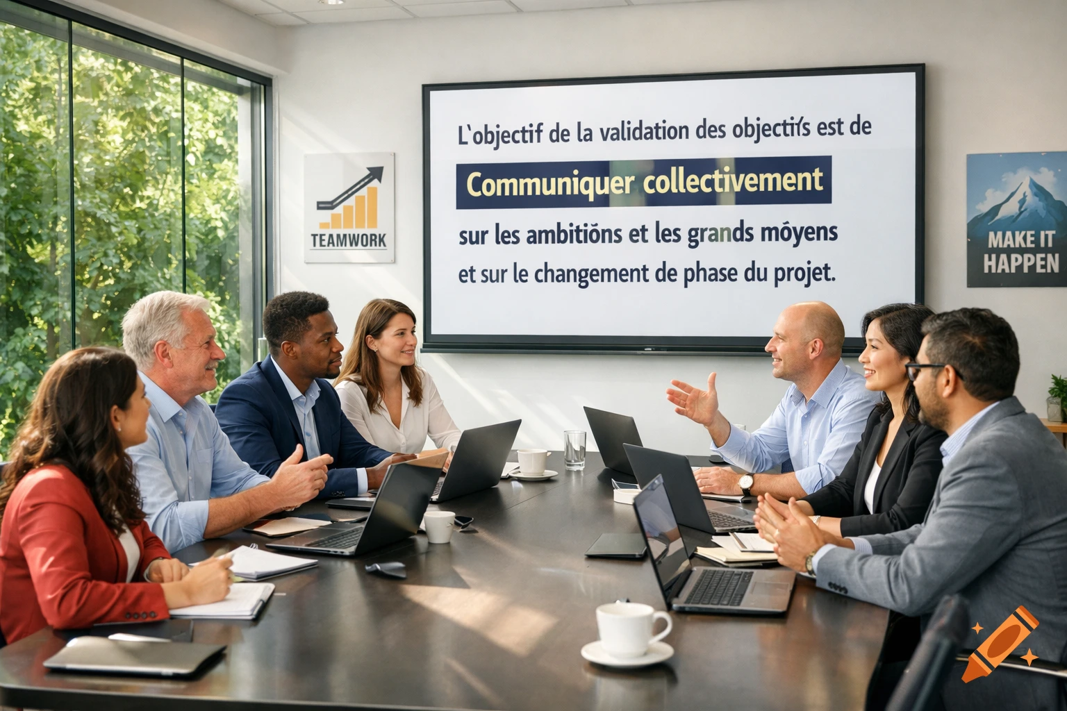 Photorealistic image of diverse business professionals in a modern meeting room, discussing a presentation on a large screen.