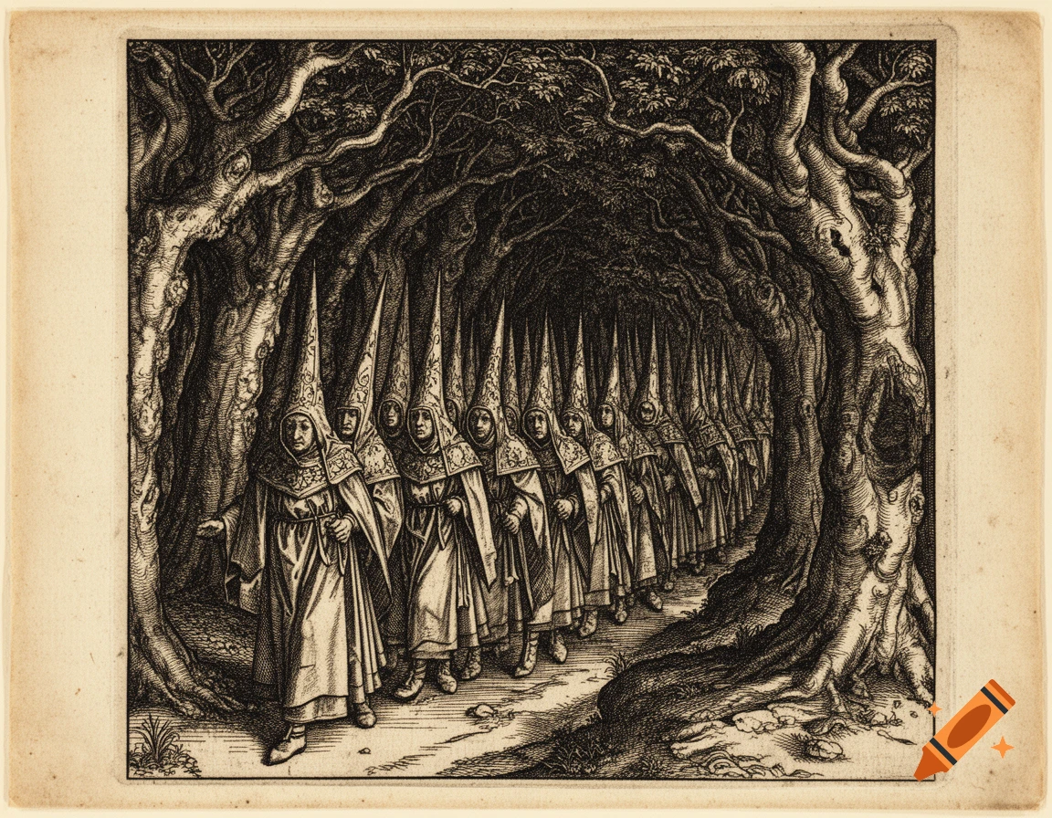 A black and white Durer-style engraving showing a procession of cloaked figures in conical hats walking through a dark, gnarled forest.