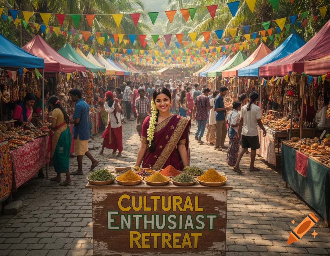 A smiling woman in a sari stands behind a 'CULTURAL ENTHUSIAST RETREAT' sign in a bustling Indian market under colorful pennants.