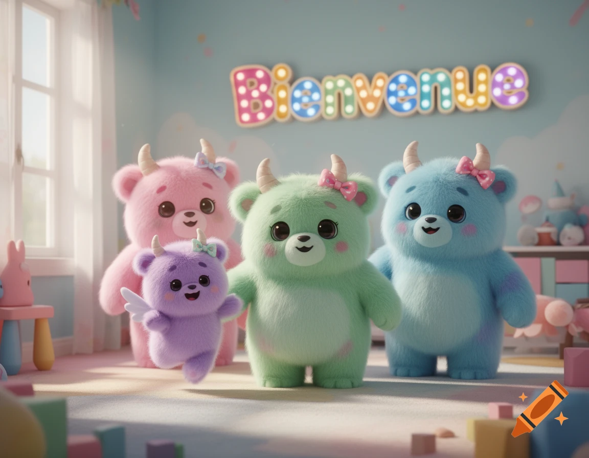 Four fluffy, pastel-colored monsters with horns and bows in a child's room with a 'Bienvenue' sign.