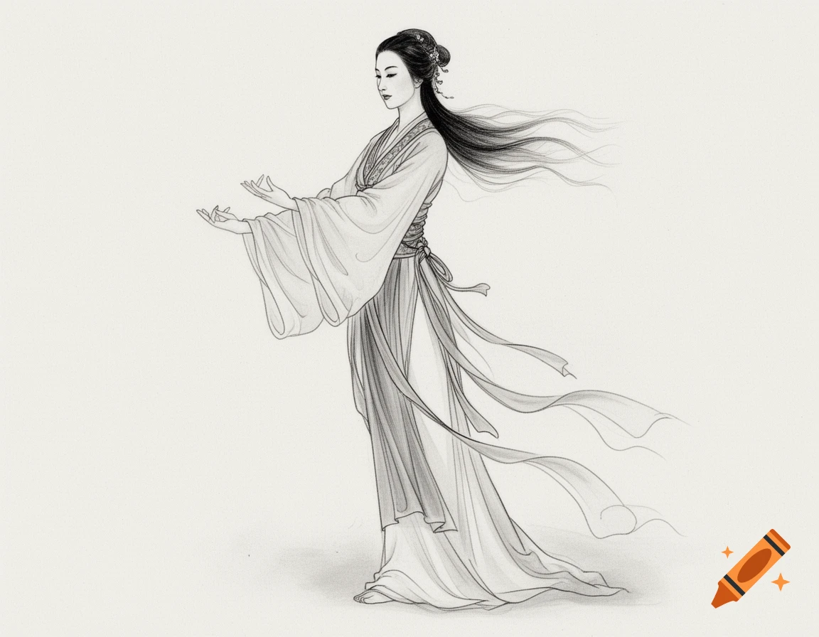 A black and white drawing of a woman in traditional Asian attire with flowing hair and fabric, performing a gentle movement with outstretched hands.