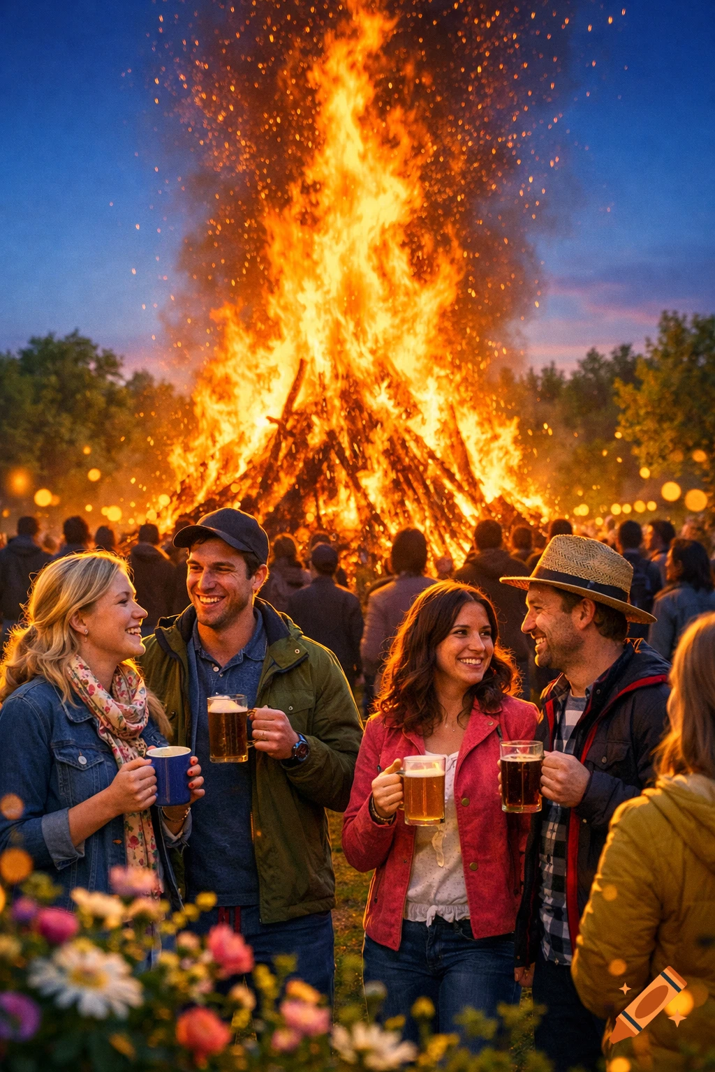 People gather around a massive bonfire at an outdoor evening celebration, smiling and holding drinks, with sparks illuminating the sky.