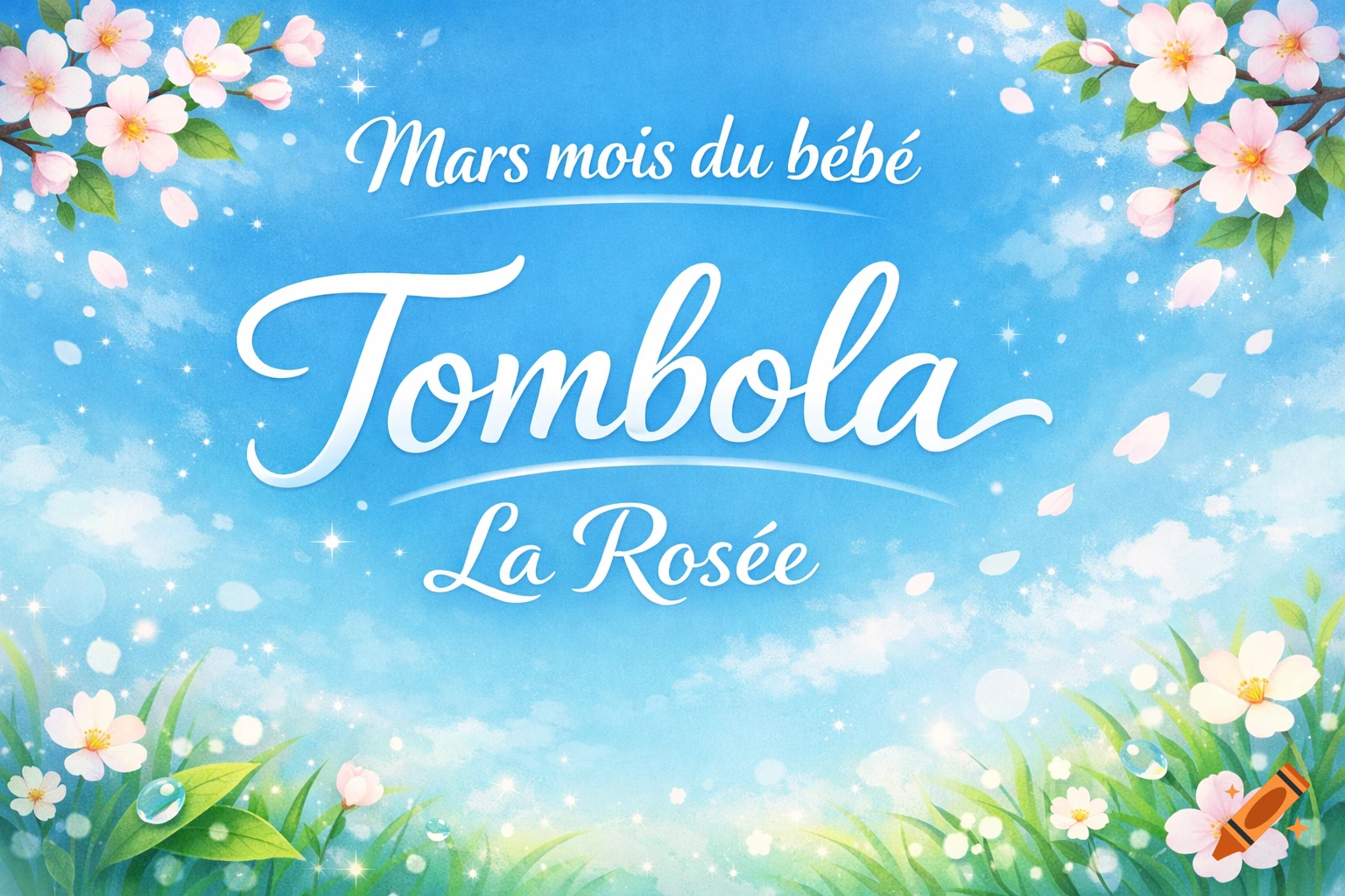 Whimsical blue spring illustration with cherry blossoms, green grass, and white text 'Mars mois du bébé Tombola La Rosée'.