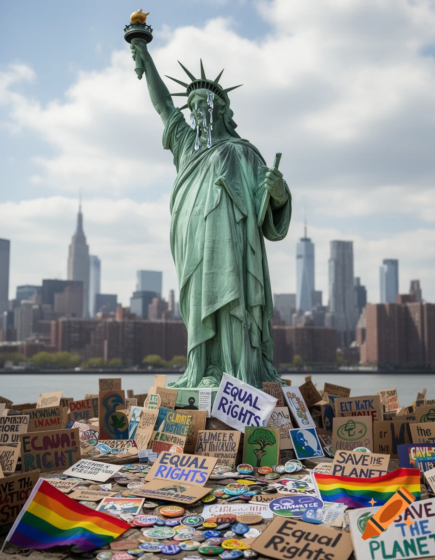 Photorealistic image of the Statue of Liberty with tears streaming down its face, surrounded by numerous protest signs and badges advocating for equal rights and environmental causes. A city skyline is visible in the background.