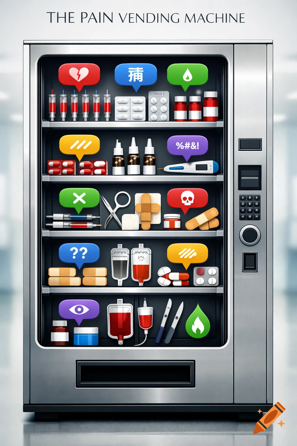 A stylized, front-facing vending machine full of medical supplies, pills, and various icons representing pain and relief, with the title 'THE PAIN VENDING MACHINE' above.