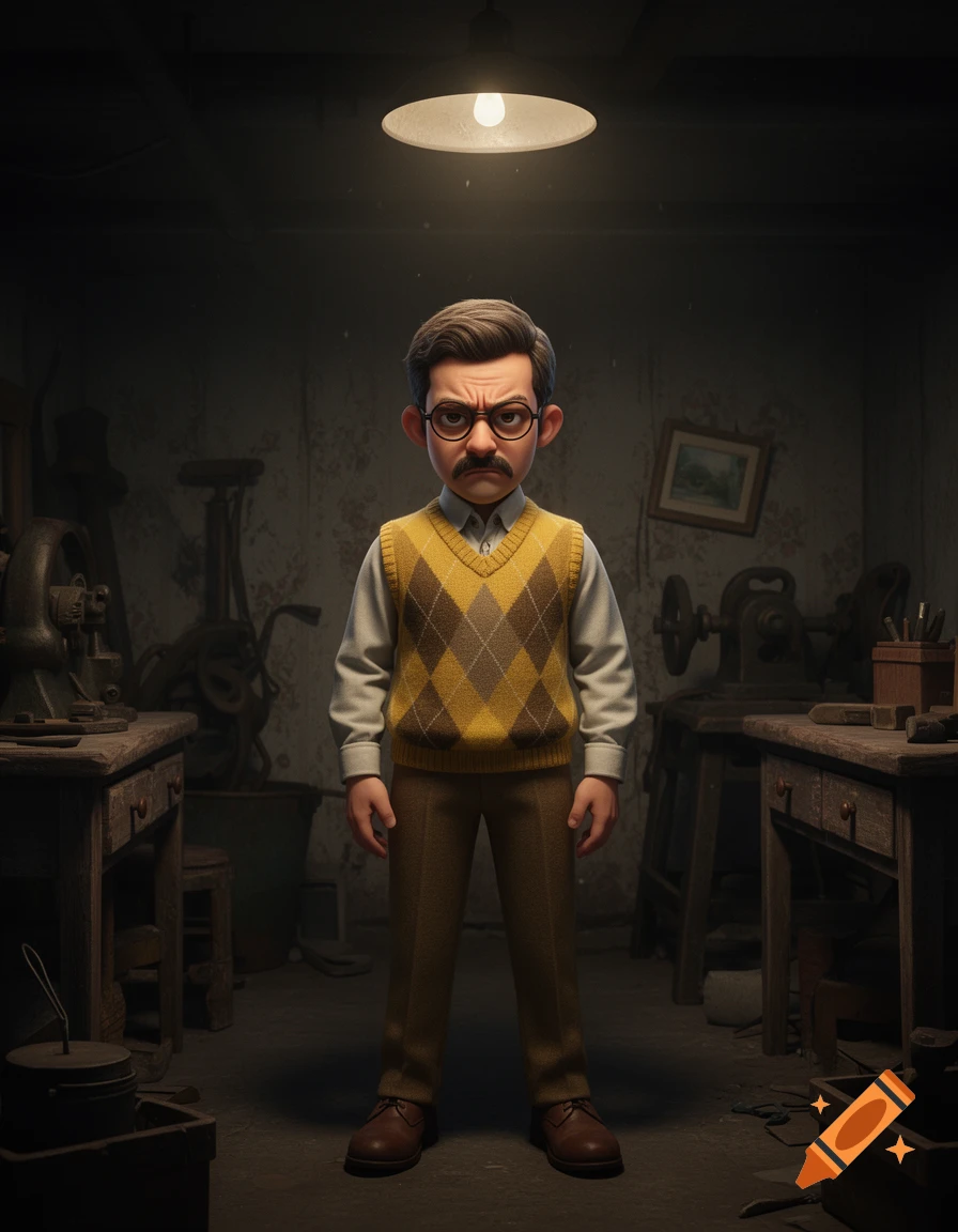 A stylized 3D render of a cartoon man with a mustache and glasses, wearing a yellow argyle sweater vest, standing under a single light in a dimly lit workshop.