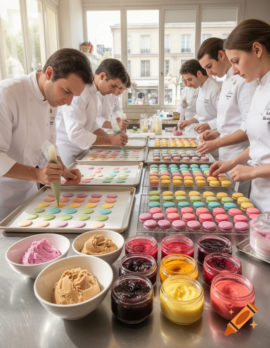 Chefs in white uniforms pipe colorful macaron batter onto baking sheets and fill baked macarons with various spreads, in a bright kitchen.