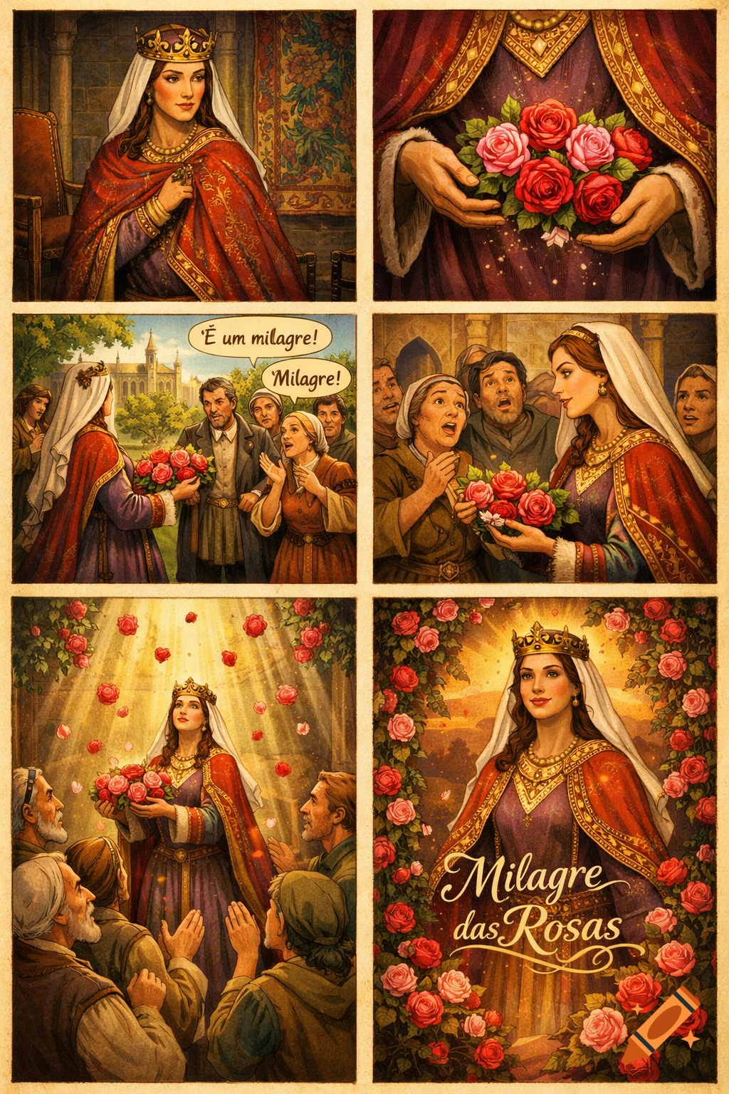 A 6-panel comic book in a historical style shows a queen performing the Miracle of the Roses, with text in Portuguese.