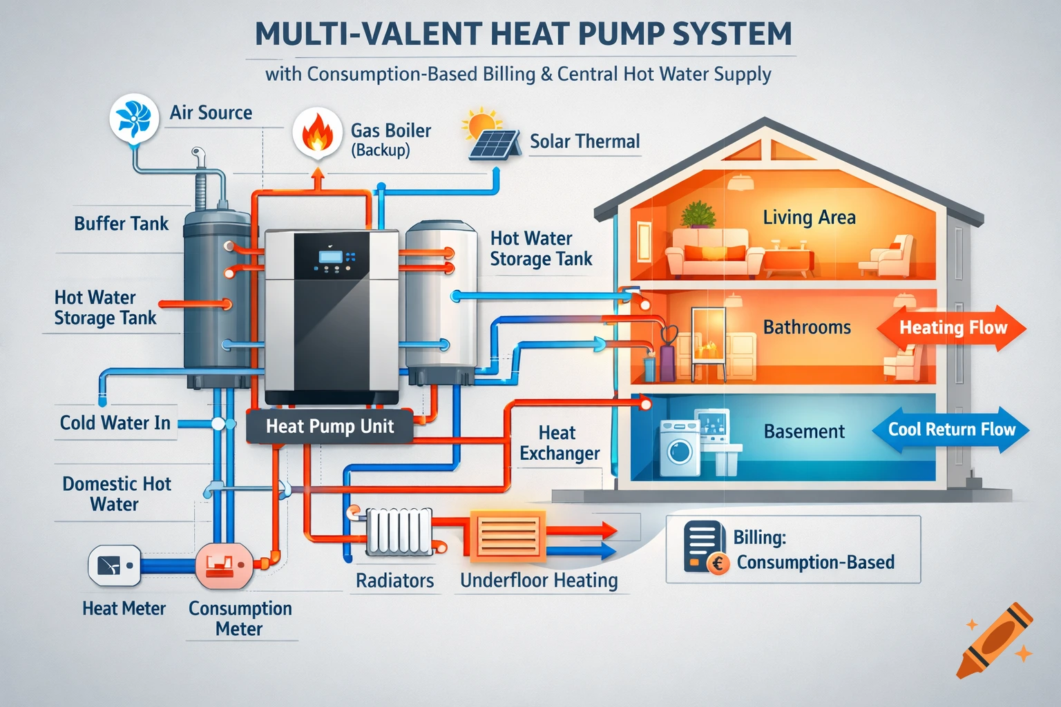 A detailed technical diagram illustrating a multi-valent heat pump system with central hot water supply and consumption-based billing for a house.