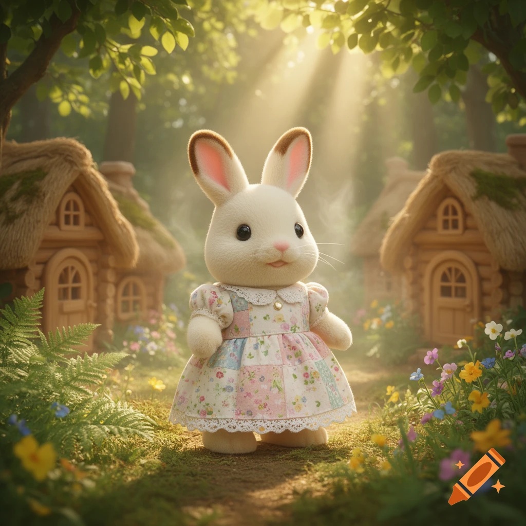 Quaint Rabbit A white Sylvanian Families rabbit in a patchwork floral dress stands on ...