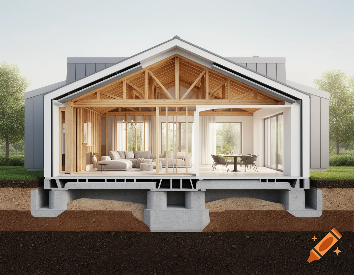 Photorealistic architectural cutaway rendering of a modern house showing its foundation, wooden frame, and interior with furniture.