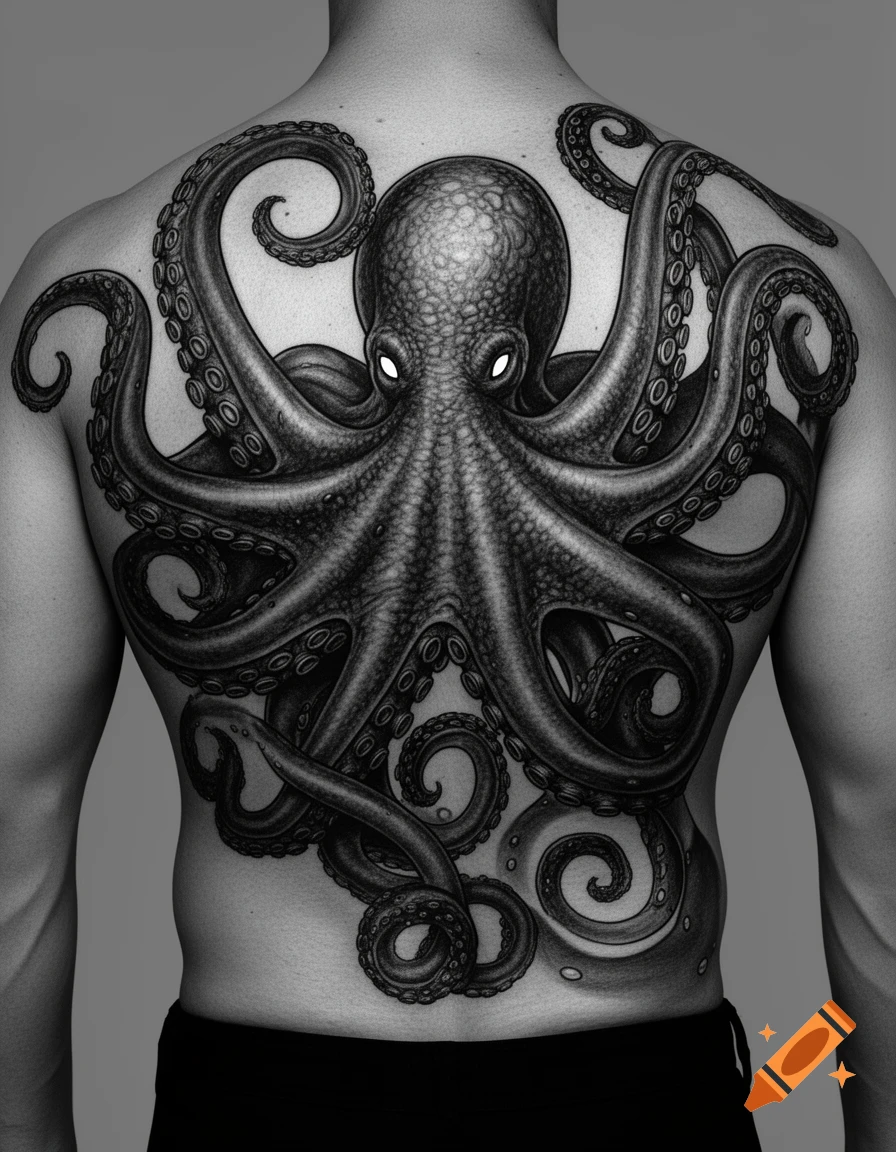 A black and white full back tattoo of a highly detailed octopus with glowing white eyes on a man's back.