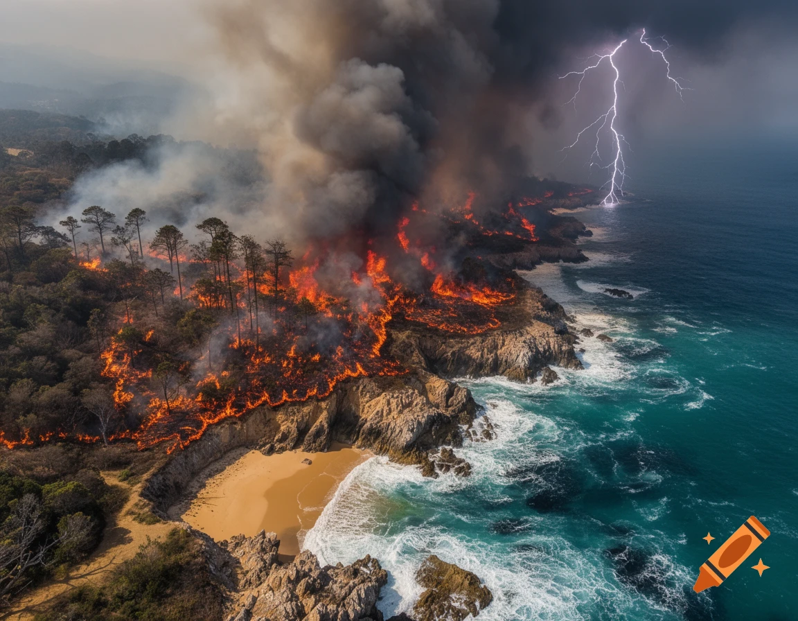 Aerial view of a dramatic wildfire blazing across a rugged coastline at dusk, with a powerful lightning bolt striking the ocean.
