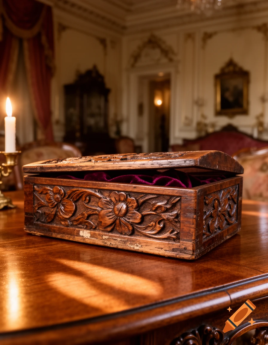 A decorative carved wooden box with a purple velvet interior sits on a polished table in an ornate, dimly lit room with a lit candle nearby.