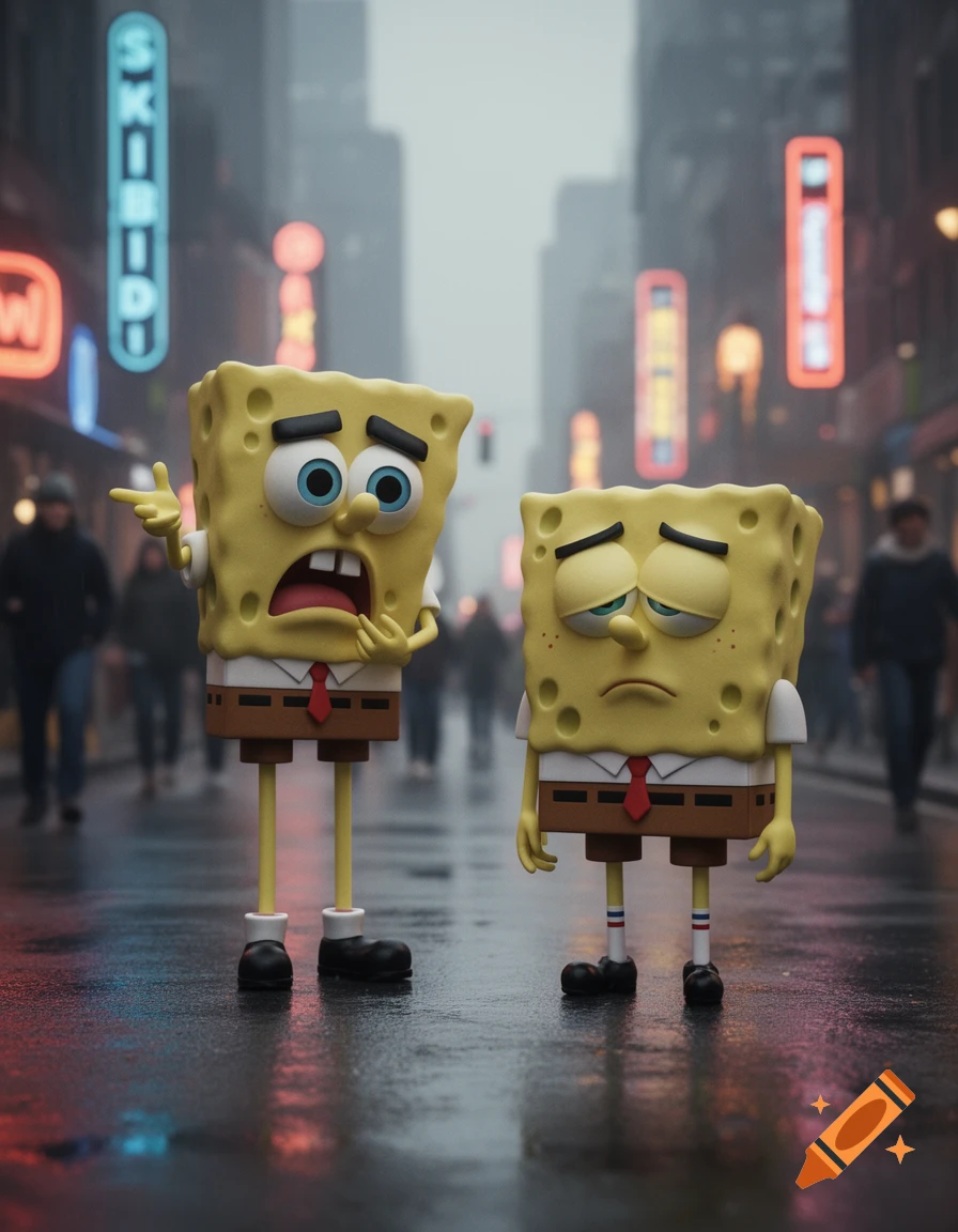 Two Spongebob characters, one sad and one distressed, stand on a wet city street with neon signs at night.