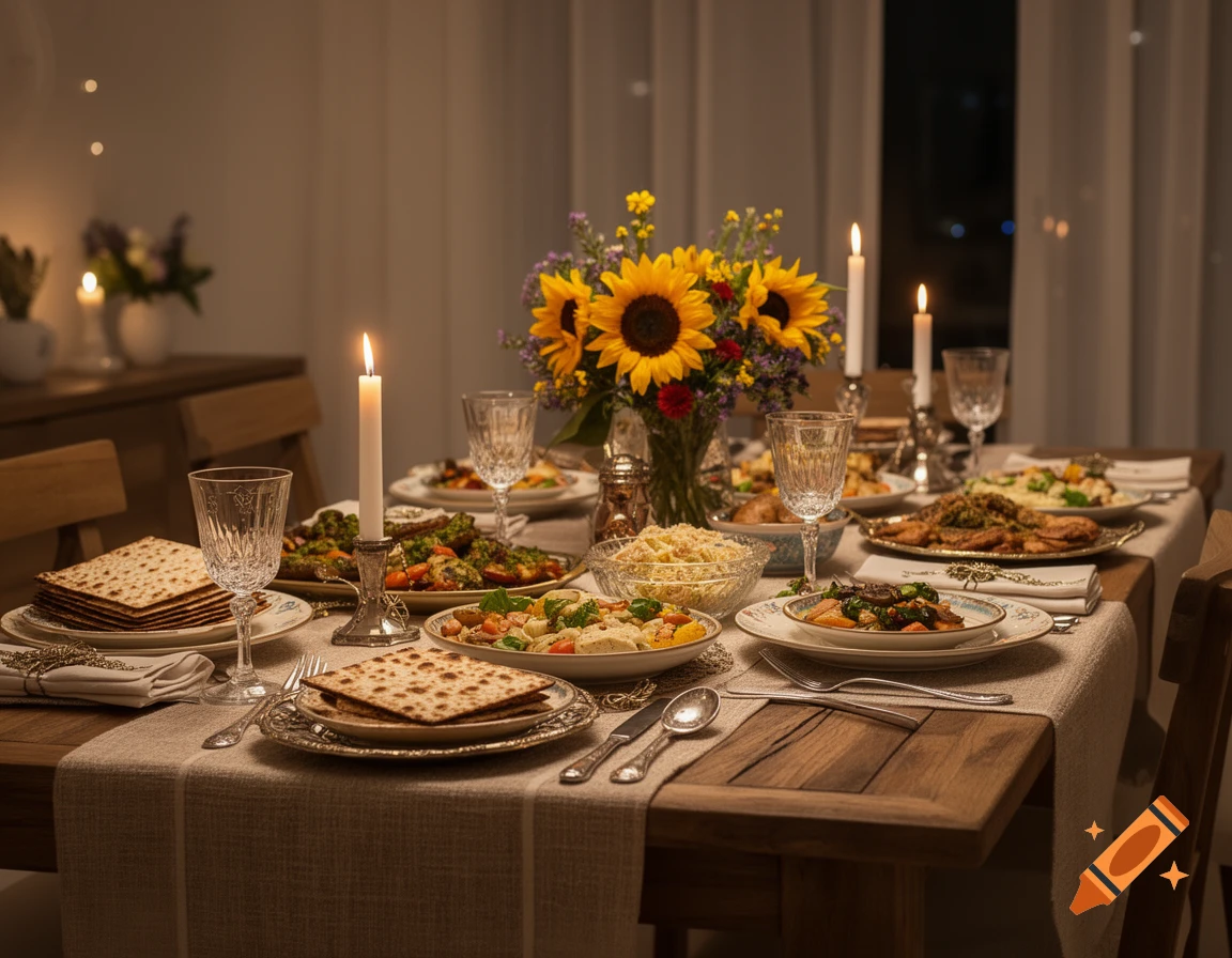 A beautifully set Passover dinner table at night, illuminated by candles, with matzah, festive dishes, wine glasses, and a sunflower centerpiece.