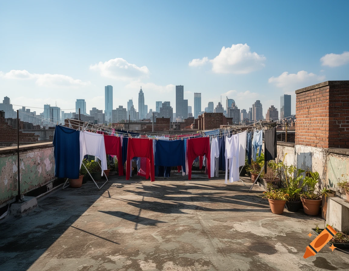 Clothes drying on a line on an urban rooftop, with a distant city skyline under a clear sky.