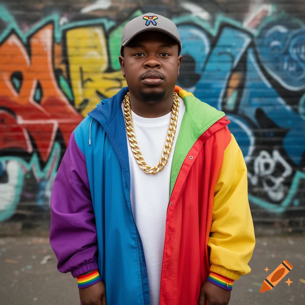 A Black man in a rainbow-colored jacket and gold chain, wearing a gray cap and rainbow wristbands, stands against a graffiti wall.