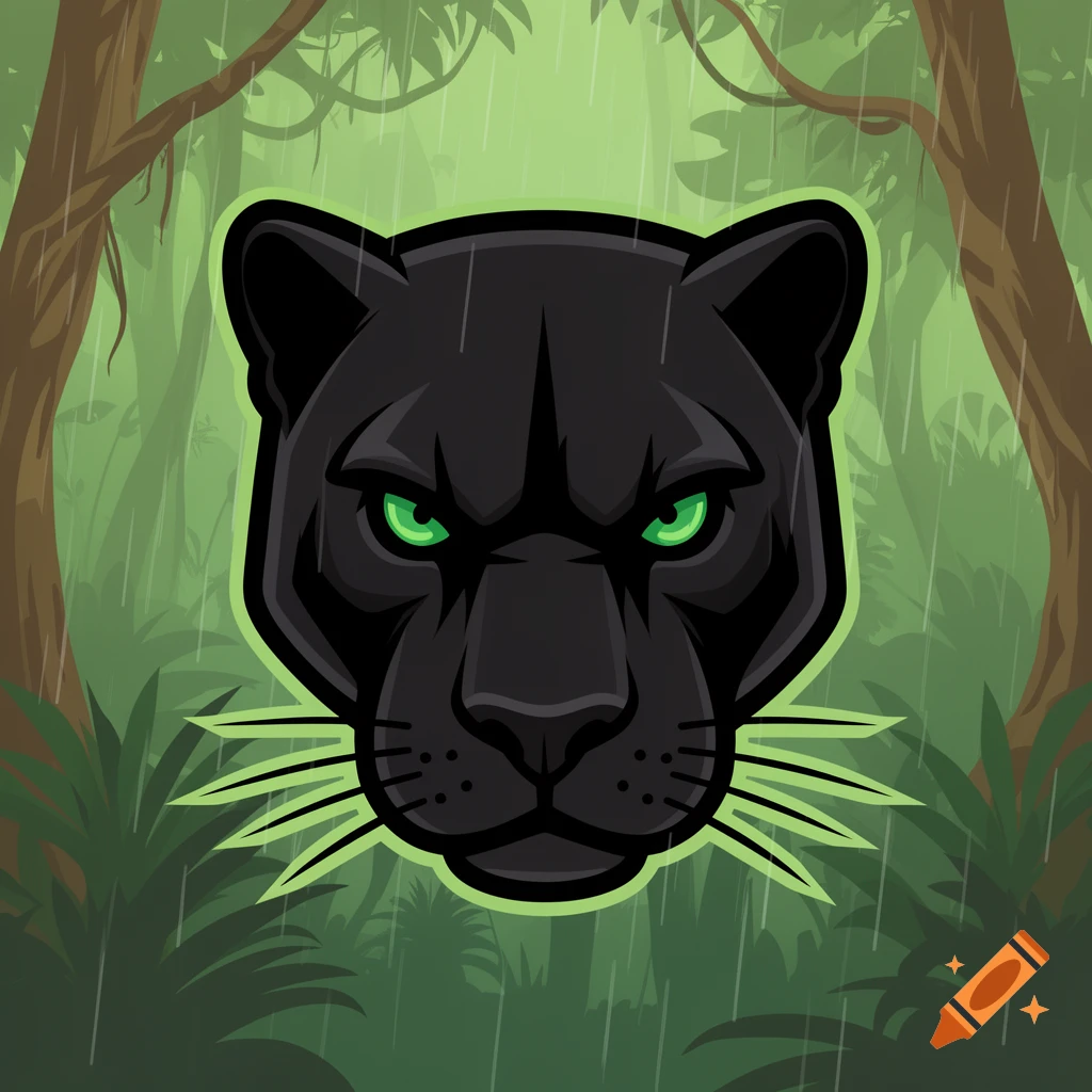 Vector art of a fierce black panther head with glowing green eyes in a rainy jungle.