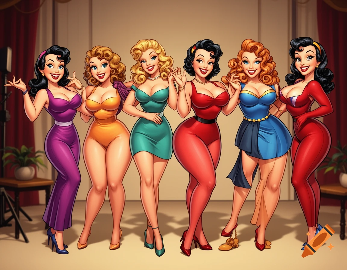 Six smiling cartoon pin-up women with various hair colors and brightly colored outfits pose against a light background with red curtains.