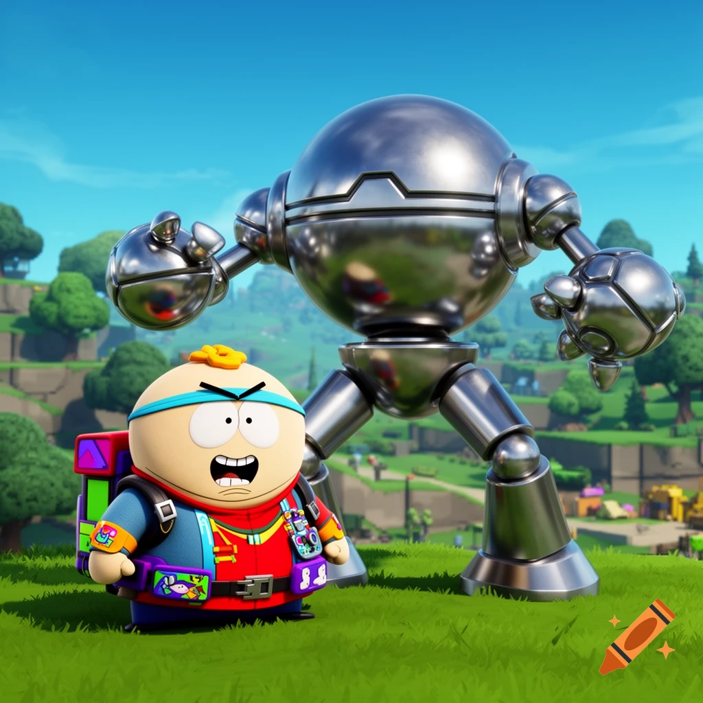 3D render of Eric Cartman in a colorful Fortnite outfit standing next to a large metallic Registeel robot in a grassy, hilly landscape.