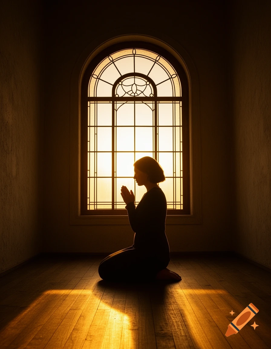 A woman in silhouette kneels and prays near a large arched window with a golden sunset backlight.
