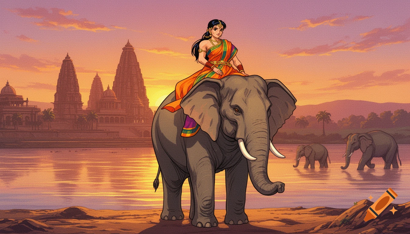Anime woman in Indian sari on an elephant by a river at sunset, with temples and other elephants in the distance.