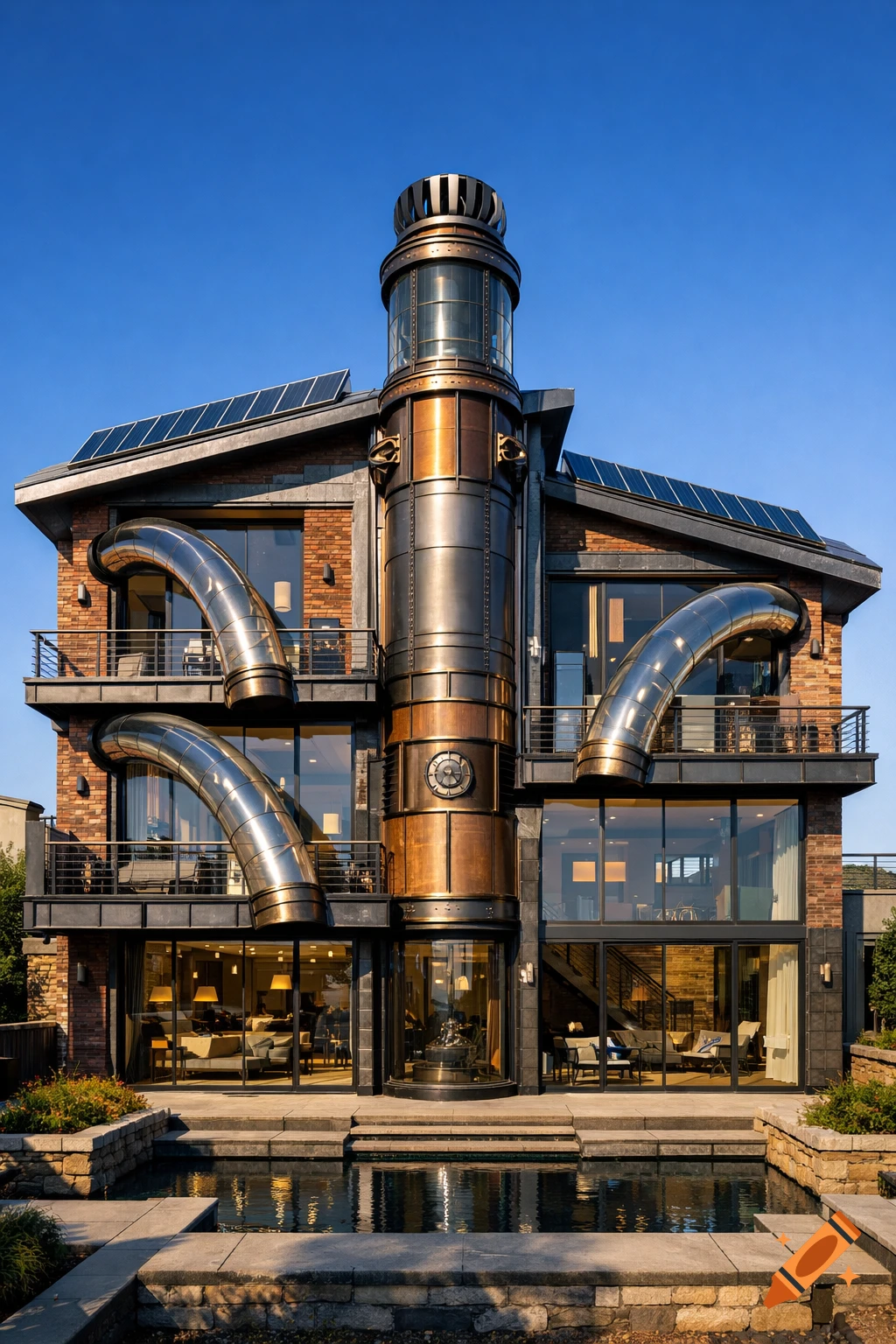 A unique three-story house with a central bronzed steampunk-style tower, solar panels, and large curving silver tubes on the brick facade, reflected in a front pool under a clear blue sky.