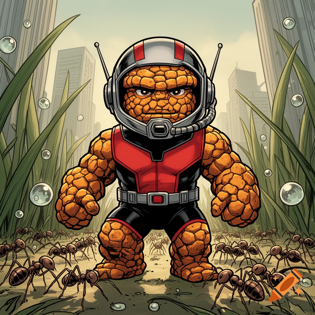 Marvel's The Thing in an Ant-Man suit and helmet stands among giant grass and ants with city buildings in the background, comic art style.