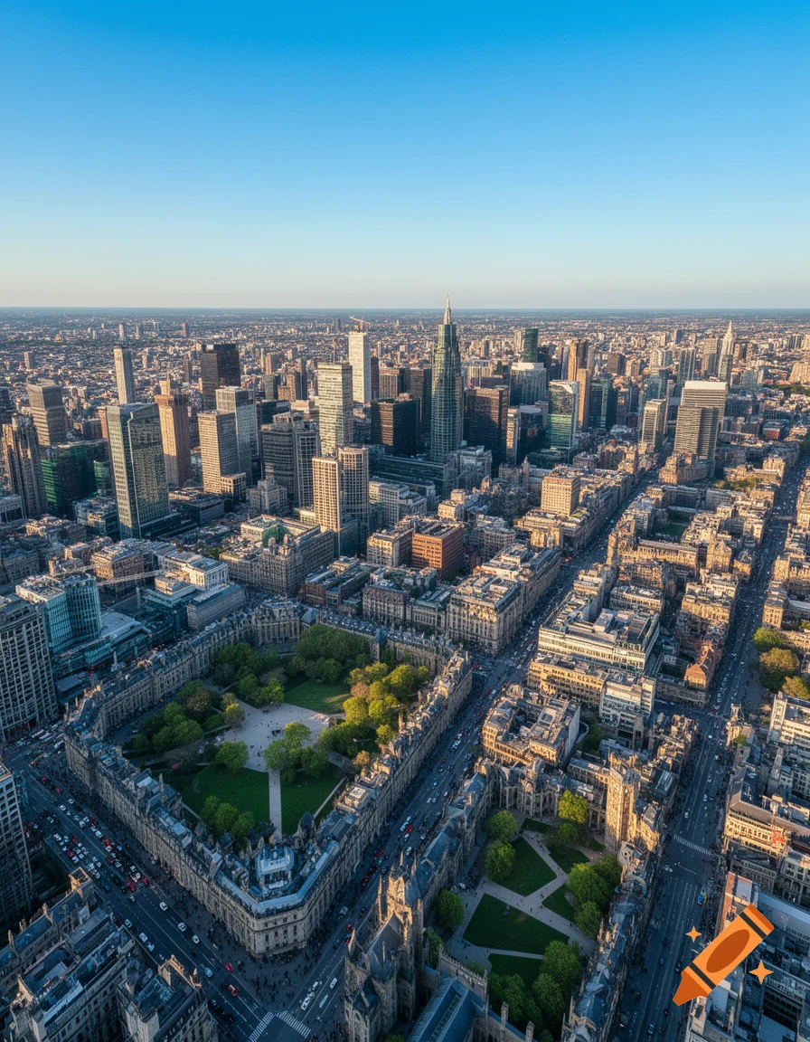 An aerial, photorealistic view of a bustling city with tall skyscrapers and a large, green park surrounded by historic buildings.