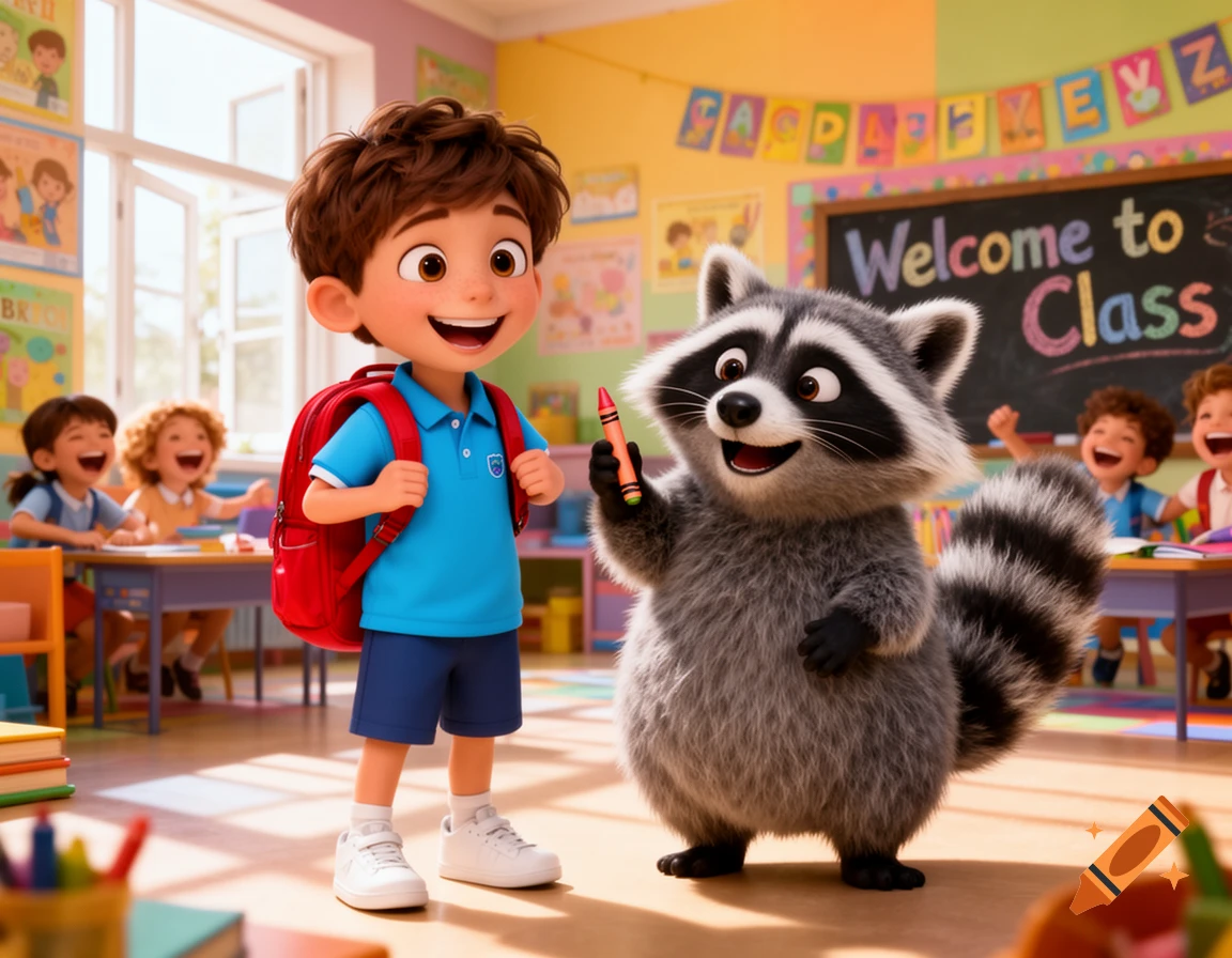 A happy 3D animated boy with a red backpack stands next to a smiling raccoon holding a crayon in a bright classroom.