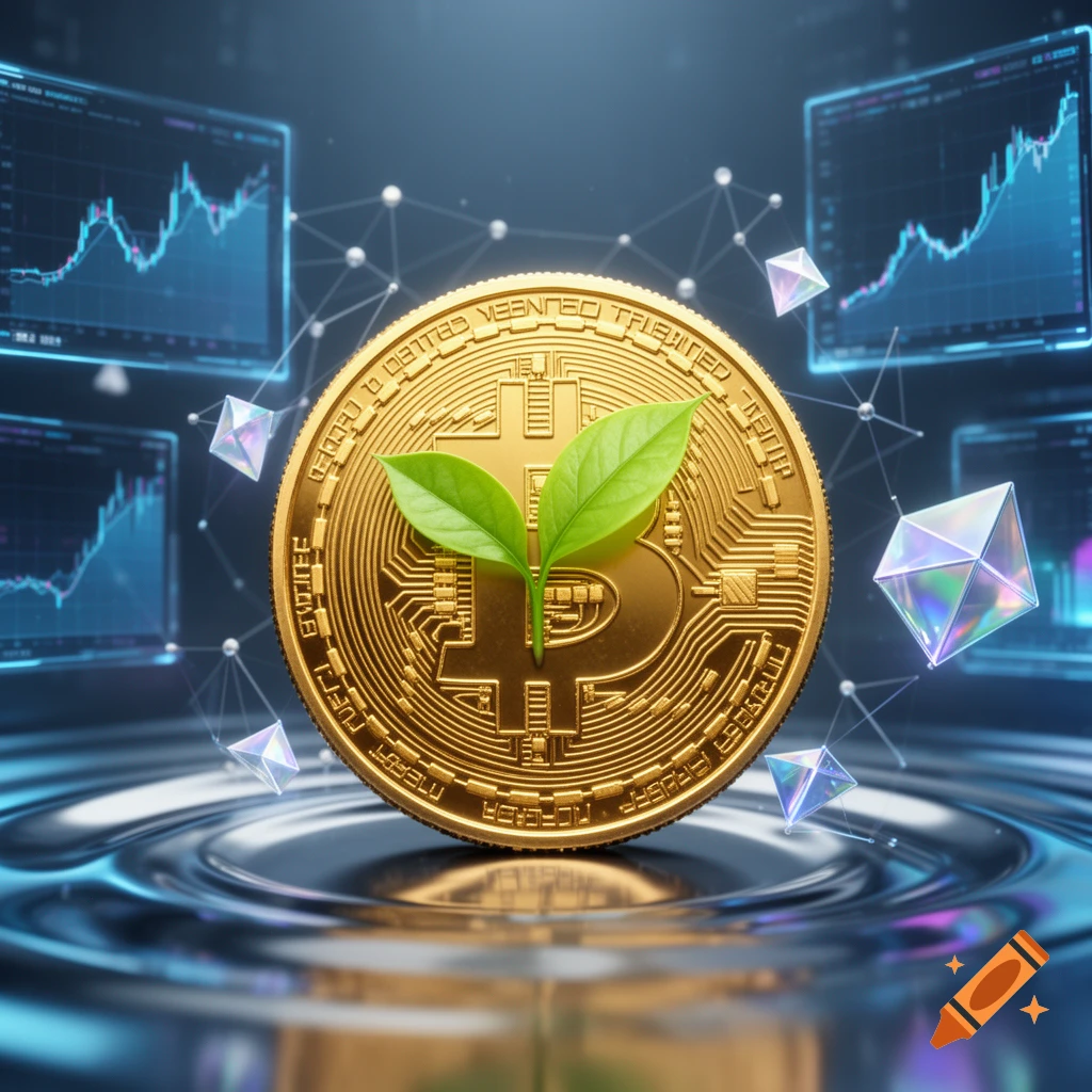A golden Bitcoin coin with two green leaves sprouting from it, set against a futuristic digital finance background with charts and glowing geometric shapes.