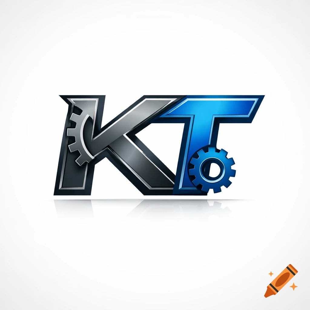 A chrome and blue metallic logo with the initials KT, featuring a silver gear on the K and a blue gear on the T, casting a reflection.
