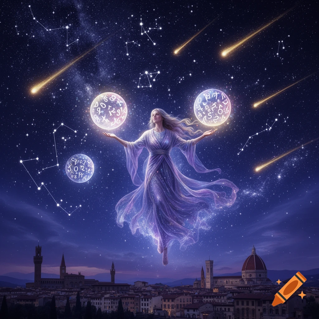 A magical woman in a sparkling purple dress floats above a nighttime city, holding glowing orbs with symbols, amidst stars and shooting meteors.