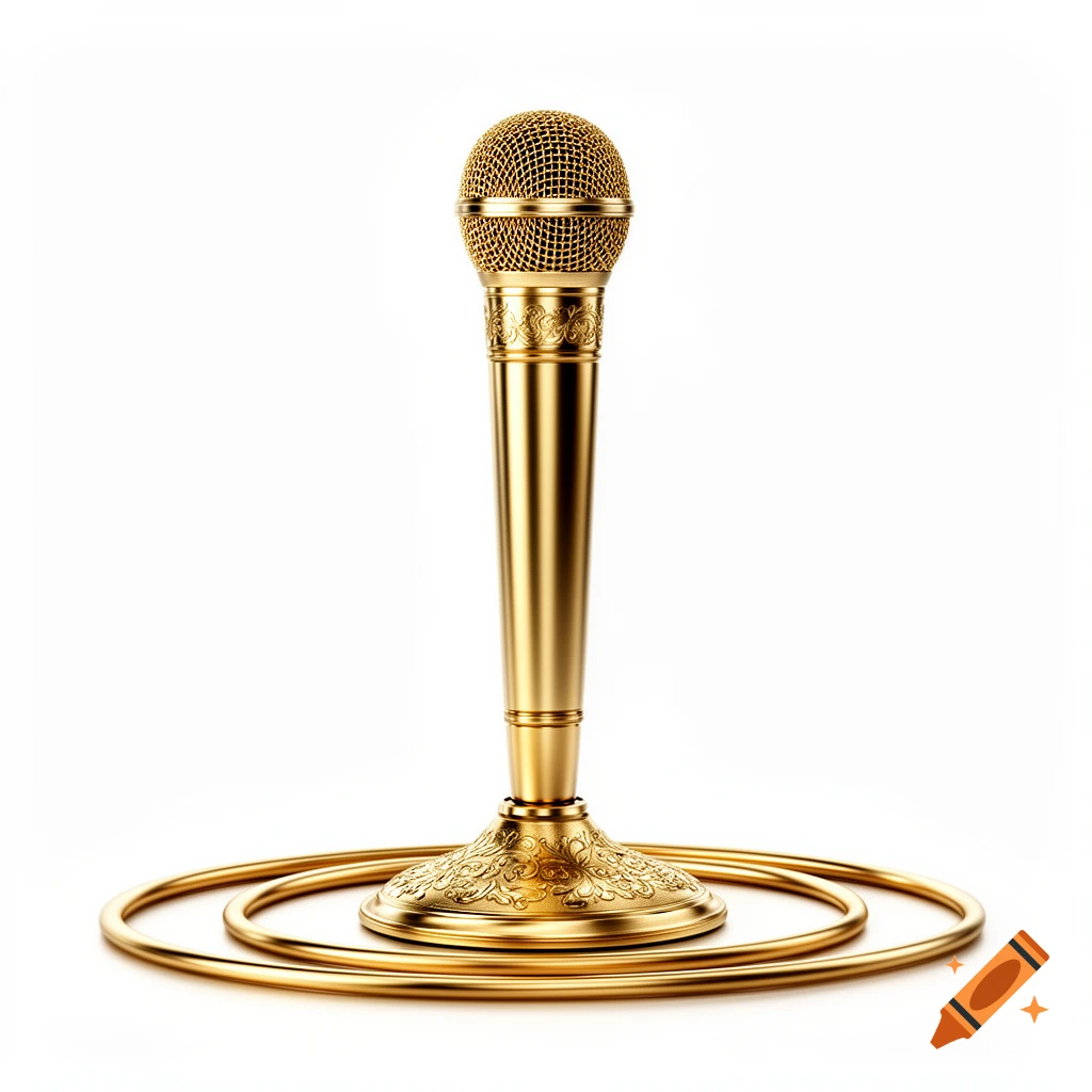 A shiny gold microphone with an ornate base and a coiled gold cord on a white background.