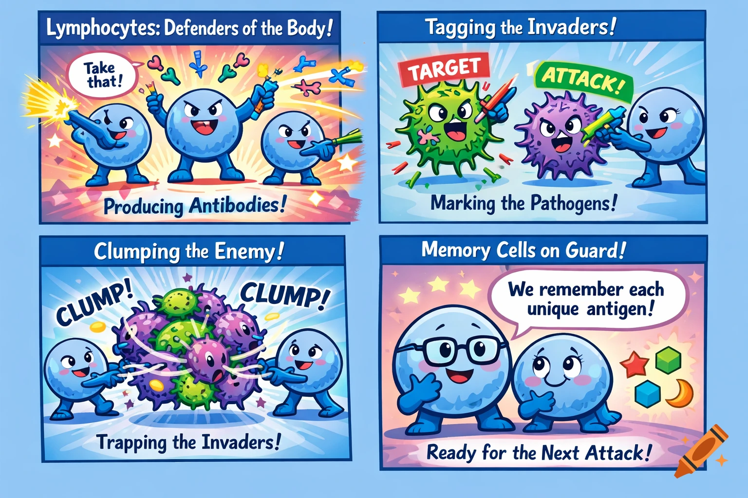 A colorful cartoon strip illustrating the role of lymphocytes in the immune system, showing antibody production, pathogen tagging, clumping, and memory cells.