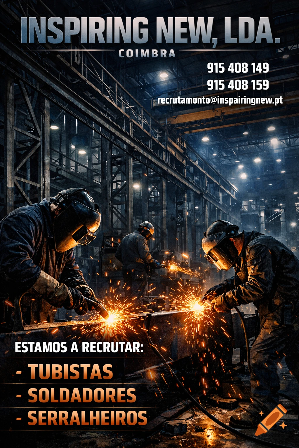 Photorealistic advertising poster for an industrial company with welders working in a factory, sparks flying. Text displays company name, job openings, and contact information.