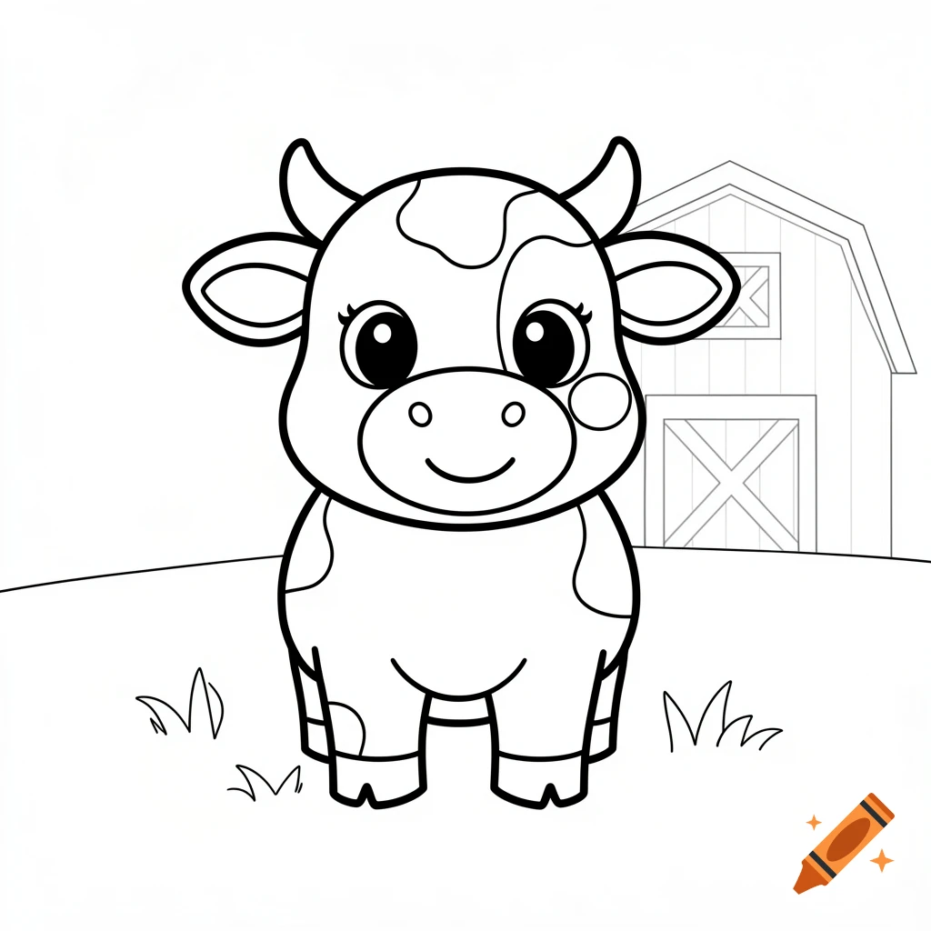 Simple black line art coloring page of a cute cartoon cow standing in a field with a barn in the background.