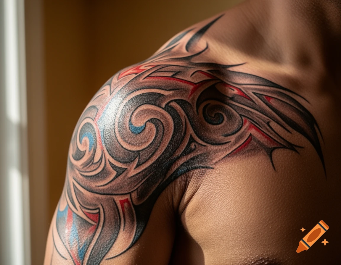 Close-up of a black, red, and blue tribal tattoo on a person's shoulder and upper chest.