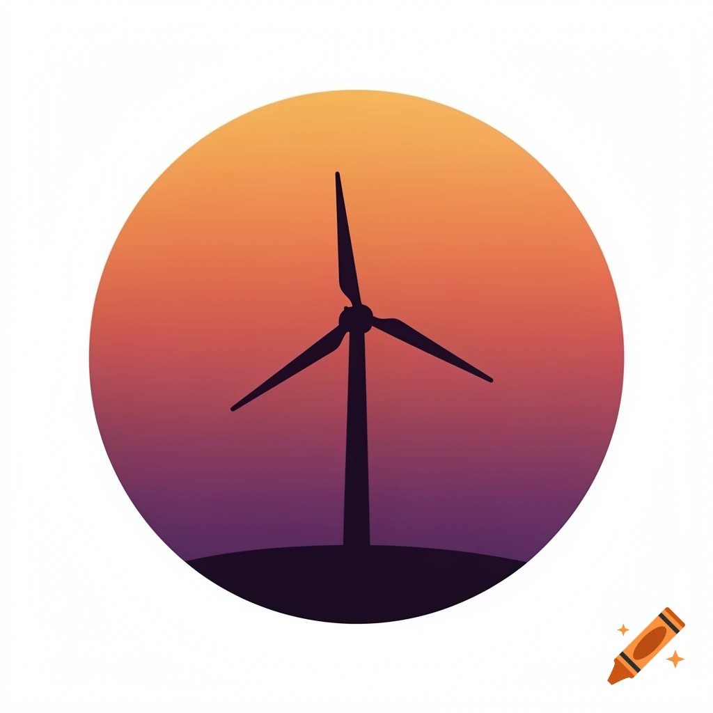 A black silhouette of a wind turbine against a circular gradient sunset sky, transitioning from orange to purple.